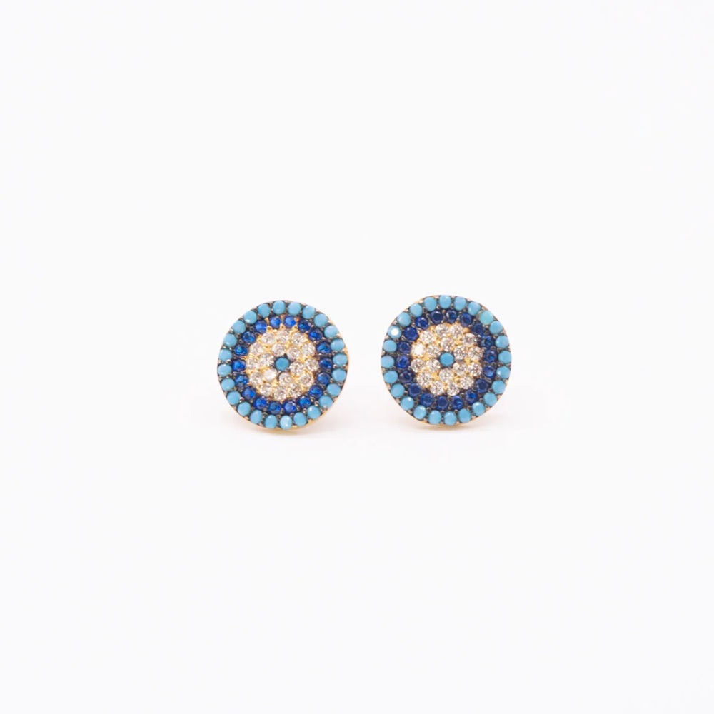 Anthropologie Blue and Gold Pave Circle Stud Earrings